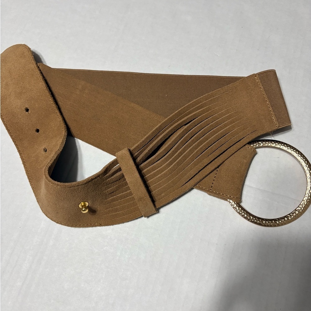 Chico's Tan Suede Belt with Gold Ring Buckle. Strip Detail, Elastic back. 34-40”